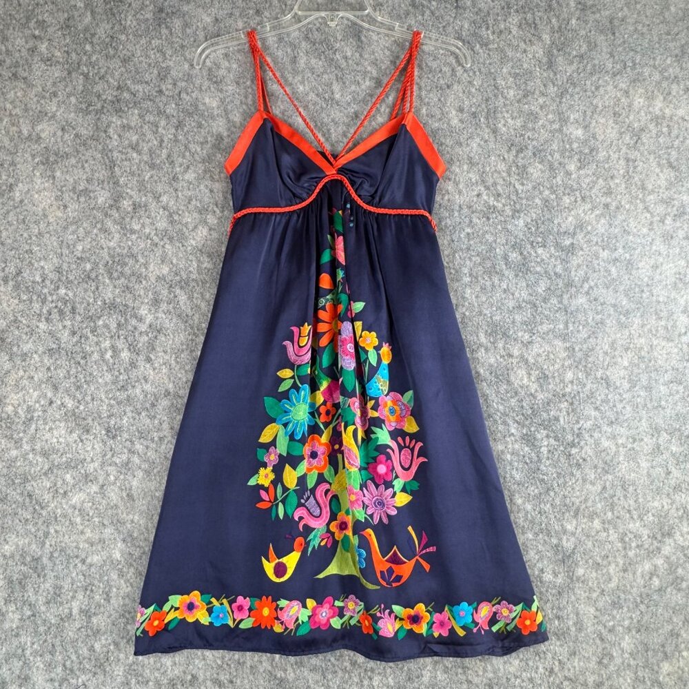 Voom By Joy Jan Silk Floral Dress Sz S Strappy Blue Orange Knee Length - Picture 5 of 14
